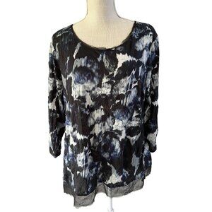 Simply Vera Wang XL Womens Abstract Blue & Black Blouse With Sheer Hemline